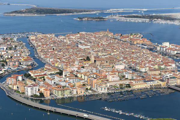 Chioggia aerial view, on the background Pellestrina island. Veneto, Italy.