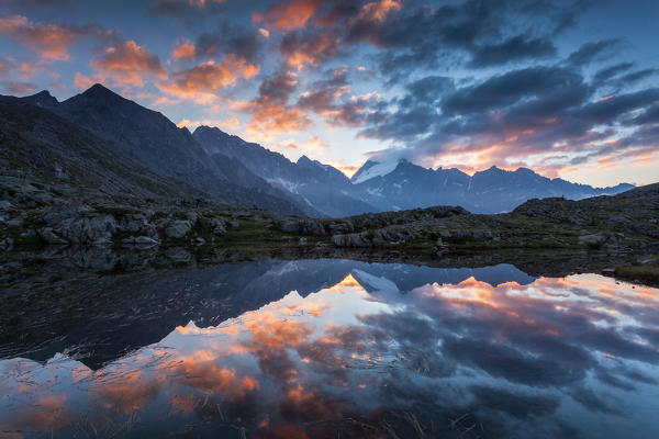 Carisolo, Genova valley, Adamello Brenta natural park, Trento province, Trentino Alto Adige, Italy. Sunrise from one of the many lakes near the Mandrone refuge