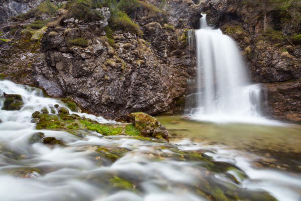 Madonna di Campiglio, Adamello Brenta natural park, Trento province, Trentino Alto Adige, Italy. Vallesinella high waterfalls during the thaw into Adamello-Brenta natural park.