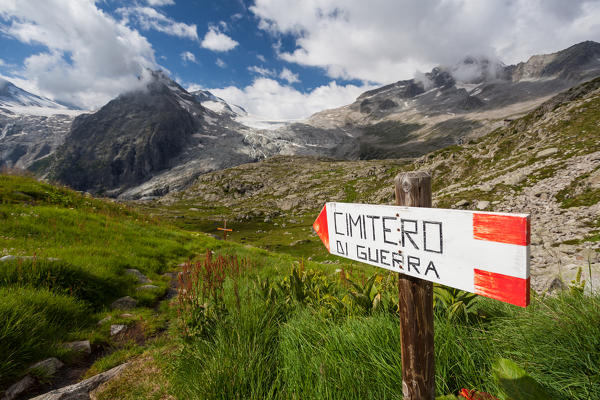 Genova valley, Adamello Brenta natural park, Trentino, Italy. A signboard near Mandrone refuge.