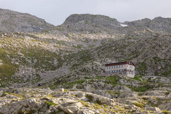 Val Genova, Adamello-Brenta natural park, Trento refuge, Trentino-Alto Adige, Italy. Mandron refuge placed at Three Lobbie's feet