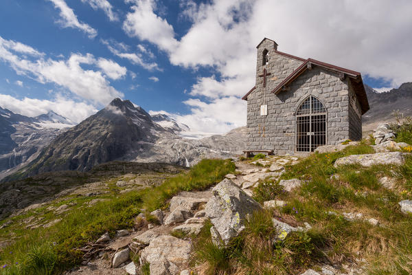 Val Genova, Adamello-Brenta natural park, Trento province, Trentino-Alto Adige, Italy. A small church in memory to soldiers near Mandrone refuge.