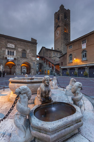 Bergamo, Lombardy, Italy. Old Square at dusk