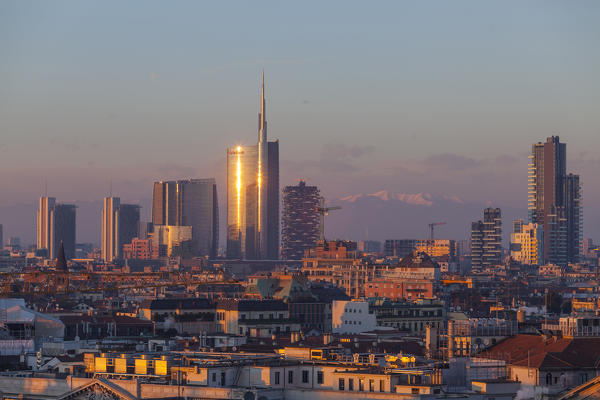 Milan, Lombardy, Italy. Panorama of Milan city from Cathedral roof
