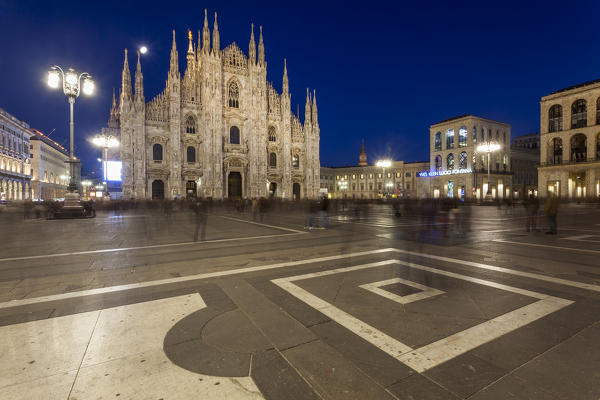 Milan, Lombardy, Italy. The cathedral's square of Milan at night.