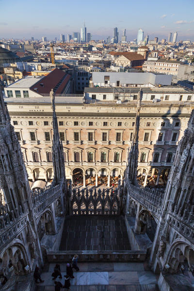 Milan, Lombardy, Italy. View from the terrace of Cathedral's Milan to the skyscrapers of city.