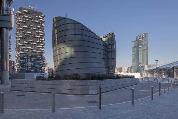 Milan, Lombardy, Italy. Modern buildings in Gae Aulenti in Milan city. In background you can see the Lombardy tower, the headquarters of the Lombardy regional government