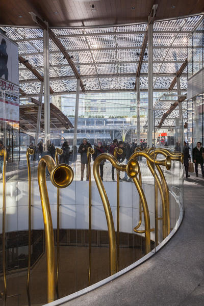 Milan, Lombardy, Italy. Near Gae Aulenti square you can find these trumpets that allow two people to speak on different levels