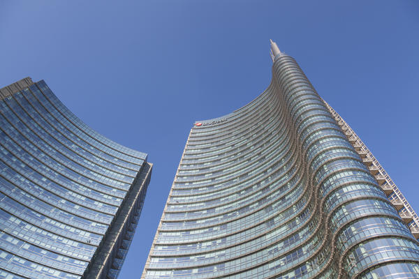 Milan, Lombardy, Italy. Unicredit tower from the Gae Aulenti square.