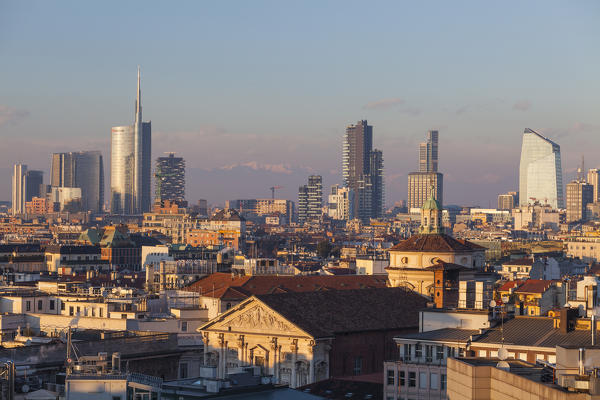 Milan, Lombardy, Italy. A panorama of city from Cathedral.
