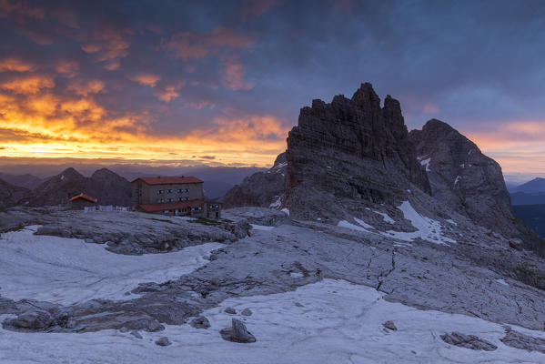 Pedrotti refuge, Brenta Dolomites, Adamello Brenta Geopark, Trentino-Alto Adige, Italy. Sunrise from Pedrotti Tosa refuge, into the Brenta dolomites
