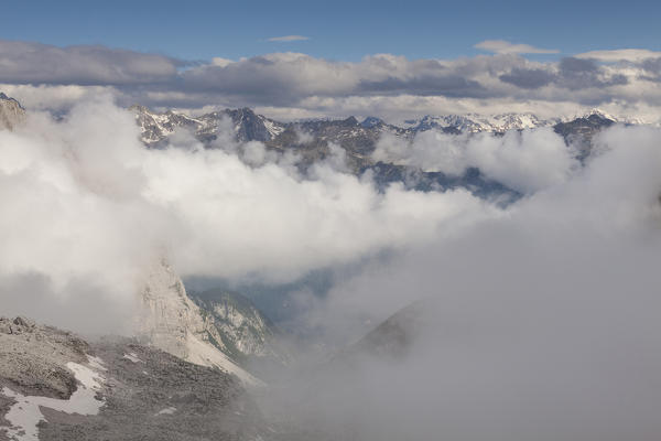 Bocca di Brenta, Brenta dolomites, Adamello Brenta natural park, Trentino, Italy. Clouds into the valley.