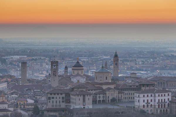 Bergamo, Lombardy, Italy. A view from San Vigilio at dusk.