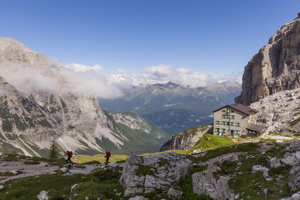 Brentei hut, Brenta Dolomites, Adamello-Brenta natural park, Trentino, Italy. View of Crozzon di Brenta from Bogani trail