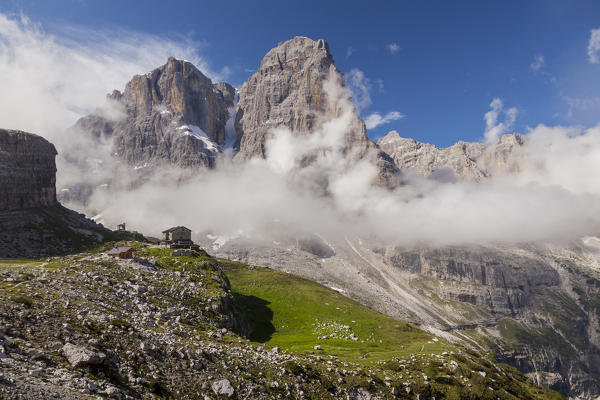 Brentei hut, Brenta Dolomites, Adamello-Brenta natural park, Trentino, Italy. View of Crozzon di Brenta from Bogani trail