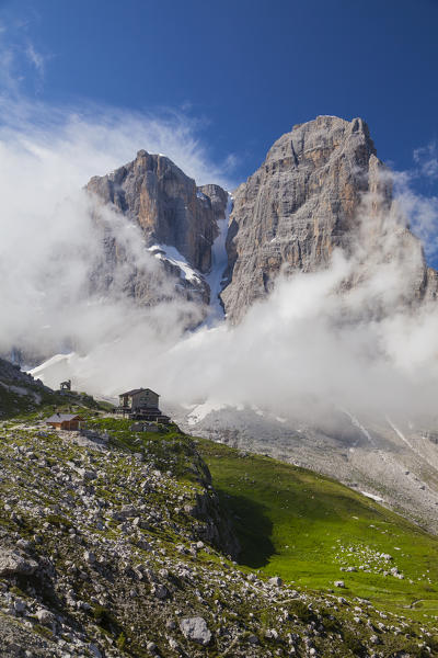 Brentei hut, Brenta Dolomites, Adamello-Brenta natural park, Trentino, Italy. View of Crozzon di Brenta from Bogani trail