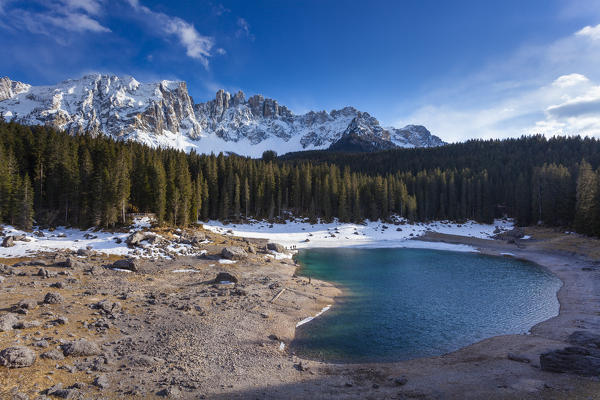 Lake Carezza, Latemar group, Dolomites, Trento province, Trentino Alto Adige, Italy, Europe. View of lake in spring.