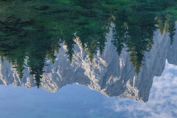Lake Carezza, Ega valley, Nova Levante, Bolzano province, Dolomites, Trentino Alto Adige, Italy, Europe. Latemar group reflected into the lake