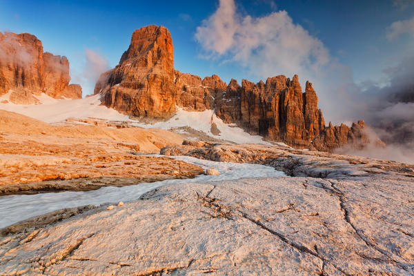 Brenta dolomites, Adamello-Brenta natural park, Brenta Dolomites, Trentino Alto Adige, Italy. A sunset on the Brenta Dolomites on Alimonta plateau, a wild and rugged area