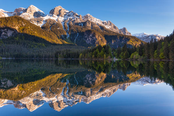 Tovel lake, Natural Park Adamello-Brenta, Trentino-Alto Adige, Italy. The Brenta Dolomites are reflected into the lake at sunrise.
