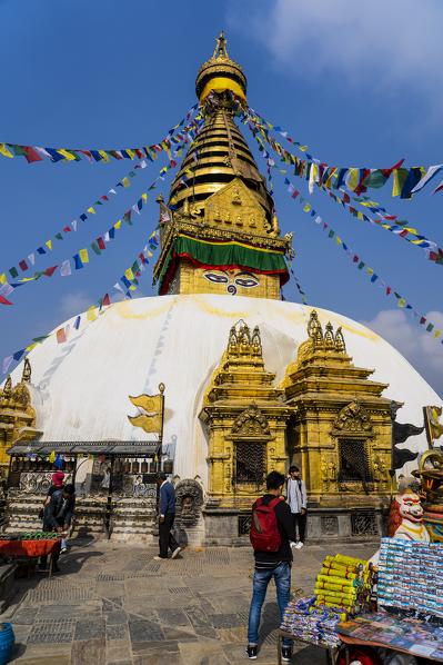 Tourists at Swayambhu Stupa also known as the Monkey Temple, Kathmandu, Nepal, Nepalese, Asia, Asian, Himalayan Country, Himalayas.
