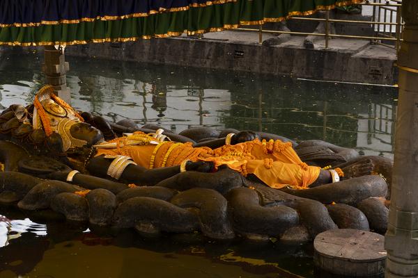Sleeping Vishnu statue at Budanilkantha, Kathmandu, Nepal. Nepalese, Asia, Asian, Himalayan Country, Himalayas.