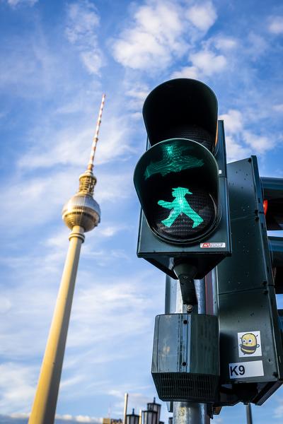 Ampelmännchen, literally little traffic light man and Fernsehturm Berlin, Berlin, Germany, Europe, West Europe