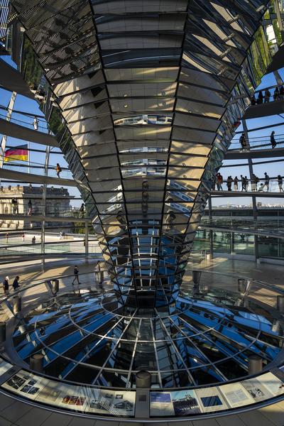 Reichstag dome is a glass dome constructed on top of the rebuilt Reichstag building in Berlin, Germany, Europe, West Europe
