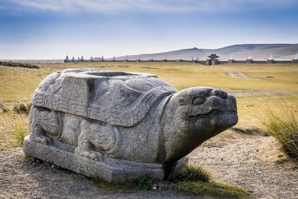 Giant tortoise statue at Erdene Zuu Monastery, Kharkhorin, Ovorkhangai Province, Orkhon Valley, Mongolia, Mongolian, Asia, Asian.