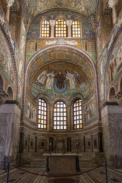 Interior of Basilica of San Vitale, which has important examples of early Christian Byzantine art and architecture. Ravenna, Emilia Romagna, Italy, Europe.