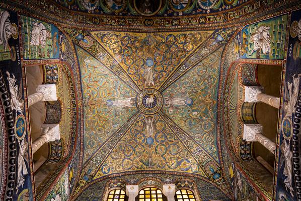 Interior of Basilica of San Vitale, which has important examples of early Christian Byzantine art and architecture. Ravenna, Emilia Romagna, Italy, Europe.