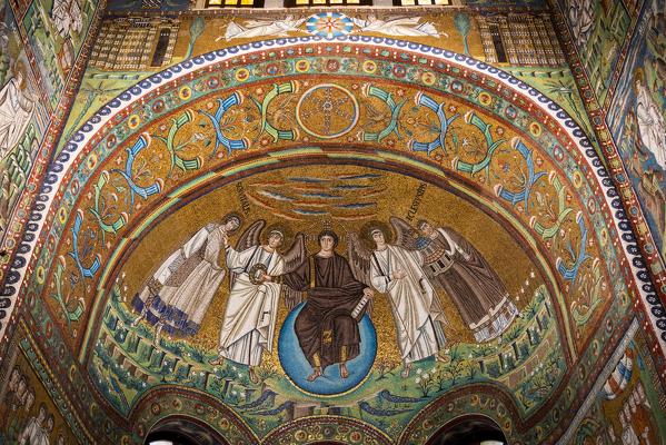 Interior of Basilica of San Vitale, which has important examples of early Christian Byzantine art and architecture. Ravenna, Emilia Romagna, Italy, Europe.
