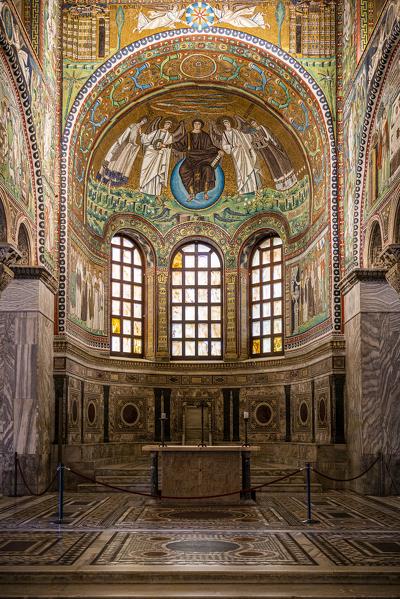 Interior of Basilica of San Vitale, which has important examples of early Christian Byzantine art and architecture. Ravenna, Emilia Romagna, Italy, Europe.