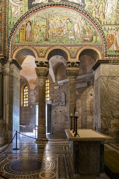 Interior of Basilica of San Vitale, which has important examples of early Christian Byzantine art and architecture. Ravenna, Emilia Romagna, Italy, Europe.