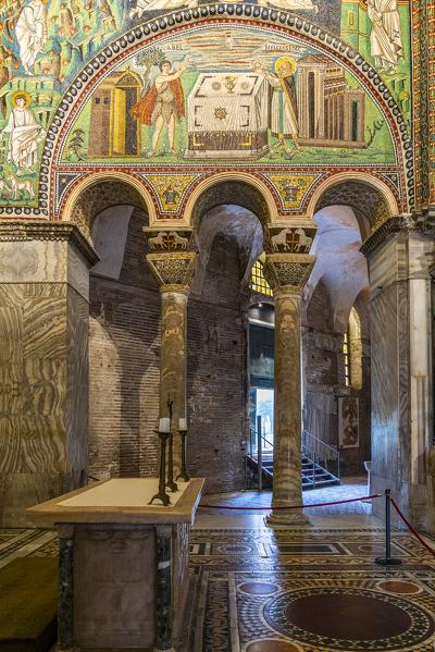 Interior of Basilica of San Vitale, which has important examples of early Christian Byzantine art and architecture. Ravenna, Emilia Romagna, Italy, Europe.