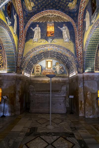 Interior view of Mausoleum of Galla Placidia. Ravenna, Emilia Romagna, Italy, Europe.