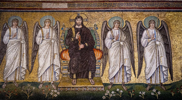 Mosaic of the enthroned Christus with four vanguard angels, Basilica of Sant'Apollinare Nuovo. Ravenna, Emilia romagna, Italy, Europe.