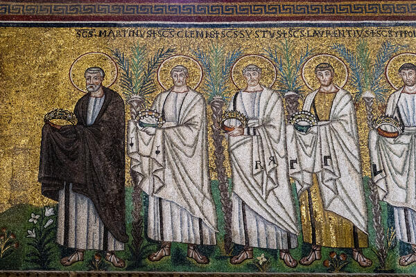 Mosaic of several saints, Basilica of Sant'Apollinare Nuovo. Ravenna, Emilia romagna, Italy, Europe.