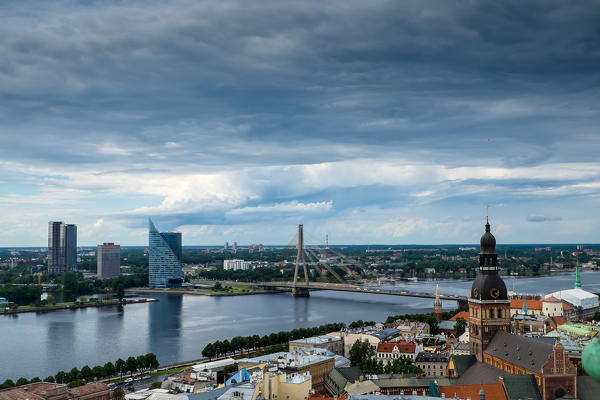 Riga, Latvia, Europe. Panorama with Daugava river and Vishnu bridge.