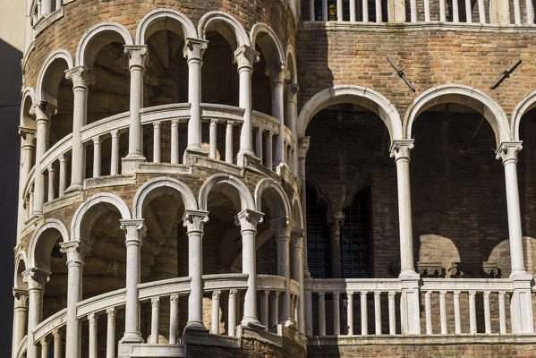 Venice, Veneto, North East Italy, Europe. Palazzo Contarini del Bovolo  and detail of external spiral staircase.