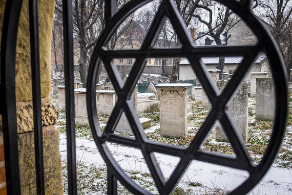 Krakow, Poland, North East Europe. Star of David symbol on the fence of the old Jewish cemetery.