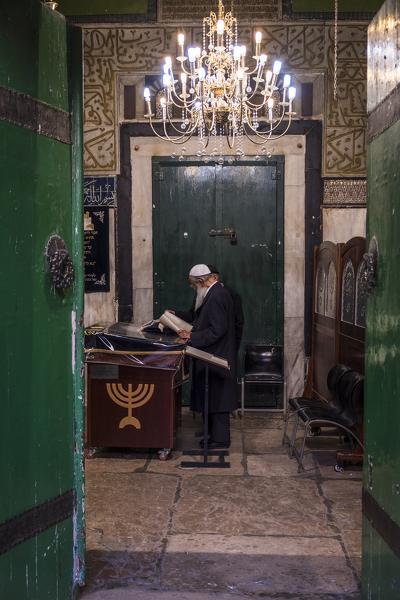 Jewish old man pray at the Tomb of the Patriarchs in Hebron, Tomb of the Patriarchs, Hebron, West Bank, Palestine
