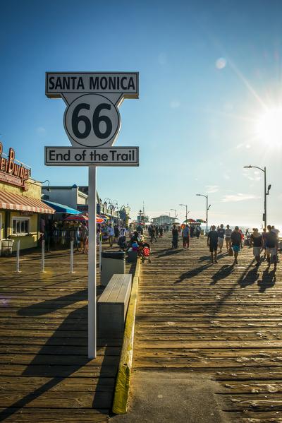 Iconic Route 66 End of Trail Sign at Santa Monica Pier. California, North America, USA.