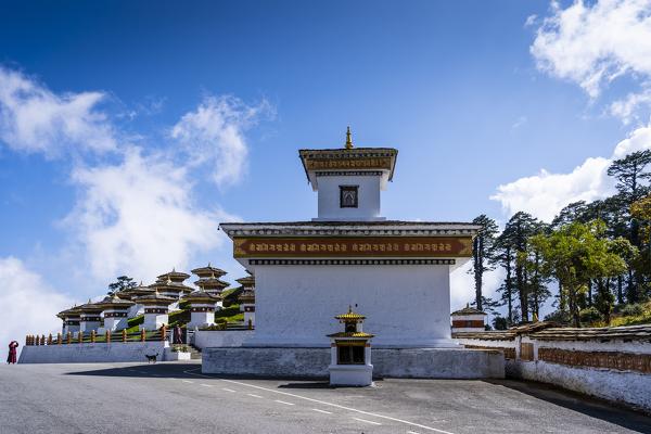 The 108 memorial chortens or stupas, Dochula Pass on the road from Thimpu to Punakha. Bhutan, Himalayan Country, Himalayas, Asia, Asian.