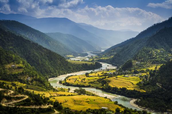 A view of Punakha valley from the roof of Khamsam Yulley Namgyal Chorten. Punakha, Bhutan, Himalayan Country, Himalayas, Asia, Asian.