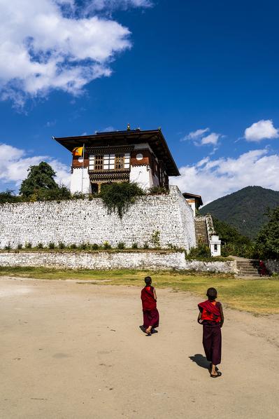 Two young monks. Dechen Phodrang Monastery, Thimphu, Bhutan, Himalayan Country, Himalayas, Asia, Asian.