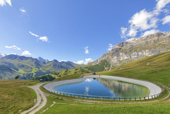 Small artificial lake near the Bec de Roces refuge, Dolomites, Arabba, Livinallogo del Col di Lana, Belluno, Veneto, Italy