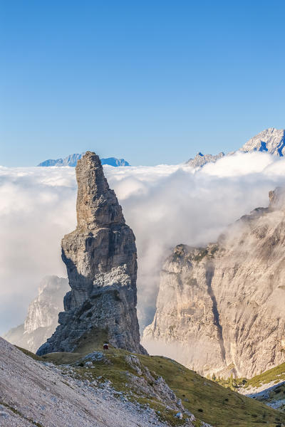 Campanile di Val Montanaia, iconic steeple of the Friulian Dolomites, Cimolais, Pordenone, Friuli Venezia Giulia, Italy