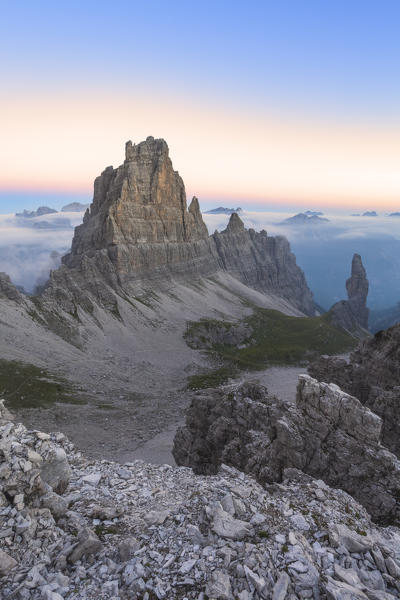 campanile di Val Montanaia and Croda Cilomiana, Friulian Dolomites, Cimolais, Pordenone, Friuli Venezia Giulia, Italy
