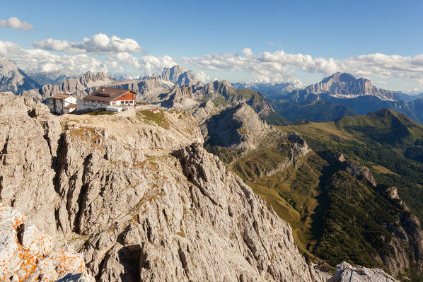 Lagazuoi mountain hut at sunset, Dolomites, Veneto, Italy, Europe